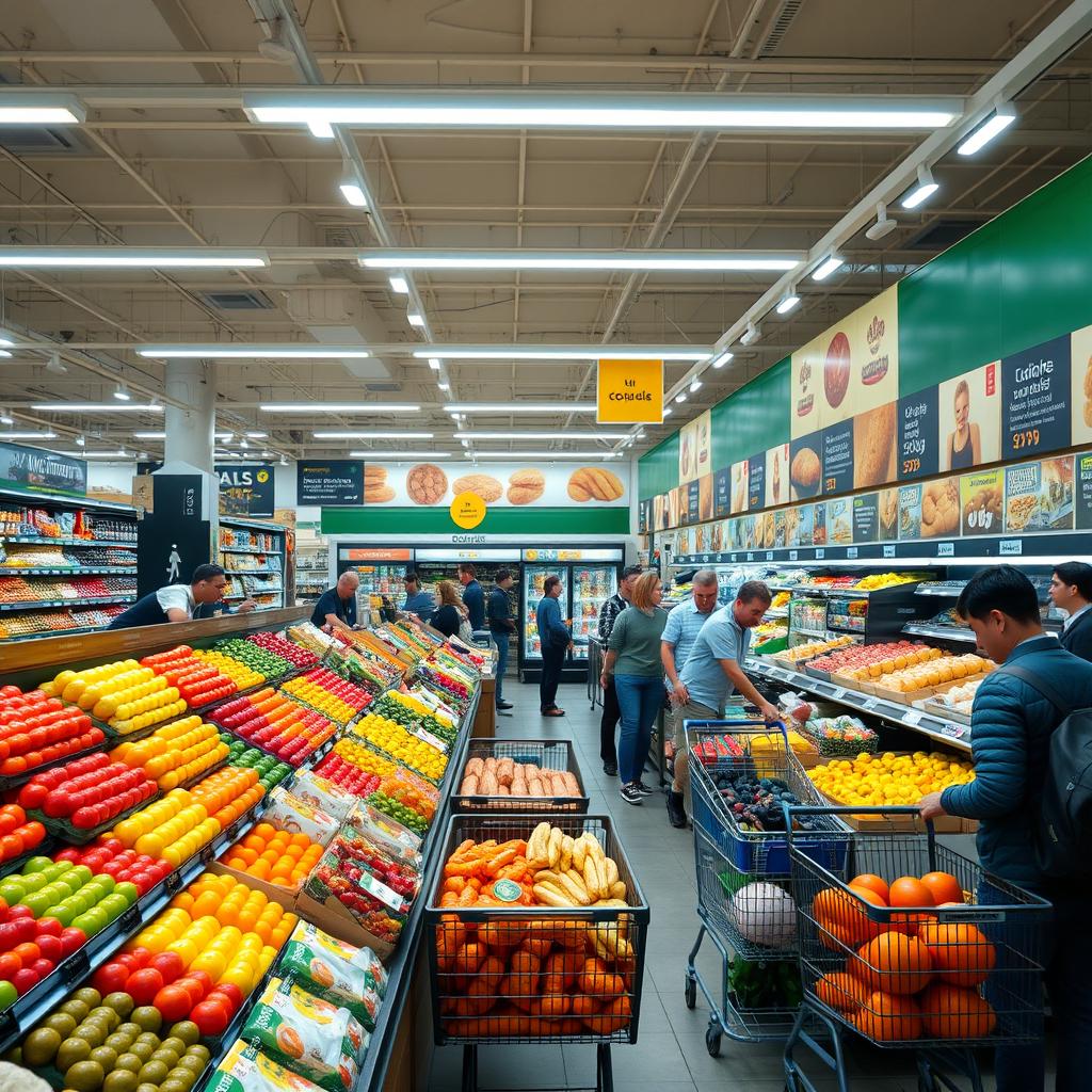 A vibrant, bustling supermarket interior filled with a variety of fresh produce, colorful fruits and vegetables arranged neatly on shelves, shoppers engaging with friendly staff, shopping carts filled with groceries, bright lighting illuminating the aisles, advertisements promoting special deals, a bakery section with fresh bread and pastries