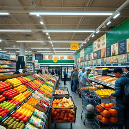 A vibrant, bustling supermarket interior filled with a variety of fresh produce, colorful fruits and vegetables arranged neatly on shelves, shoppers engaging with friendly staff, shopping carts filled with groceries, bright lighting illuminating the aisles, advertisements promoting special deals, a bakery section with fresh bread and pastries