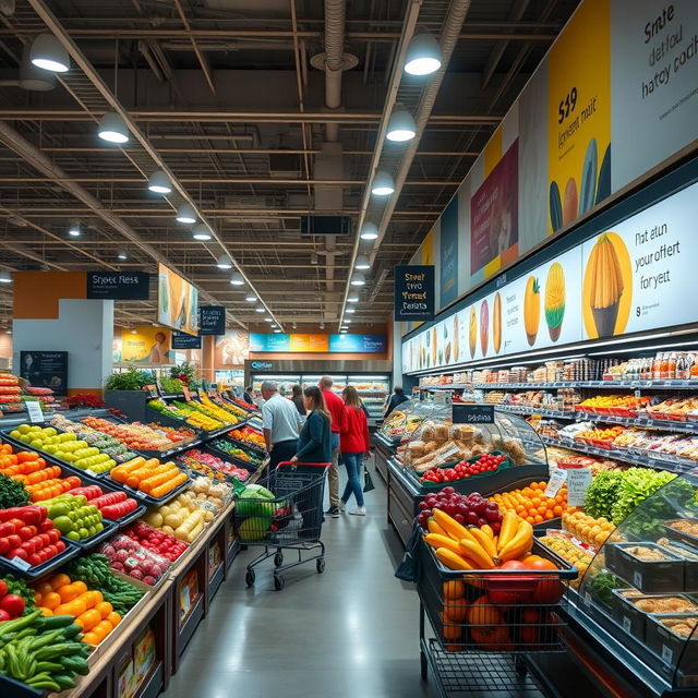 A vibrant, bustling supermarket interior filled with a variety of fresh produce, colorful fruits and vegetables arranged neatly on shelves, shoppers engaging with friendly staff, shopping carts filled with groceries, bright lighting illuminating the aisles, advertisements promoting special deals, a bakery section with fresh bread and pastries