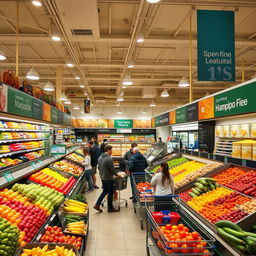 A vibrant, bustling supermarket interior filled with a variety of fresh produce, colorful fruits and vegetables arranged neatly on shelves, shoppers engaging with friendly staff, shopping carts filled with groceries, bright lighting illuminating the aisles, advertisements promoting special deals, a bakery section with fresh bread and pastries
