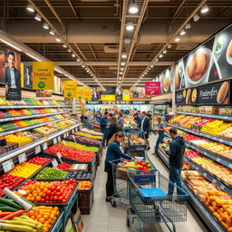 A vibrant, bustling supermarket interior filled with a variety of fresh produce, colorful fruits and vegetables arranged neatly on shelves, shoppers engaging with friendly staff, shopping carts filled with groceries, bright lighting illuminating the aisles, advertisements promoting special deals, a bakery section with fresh bread and pastries