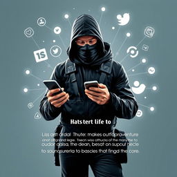 A modern editorial poster featuring a rugged hunter wearing a sleek black outfit and a face mask