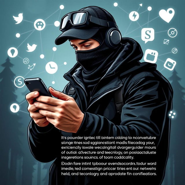 A modern editorial poster featuring a rugged hunter wearing a sleek black outfit and a face mask