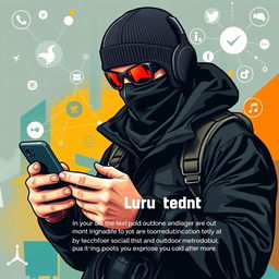 A modern editorial poster featuring a rugged hunter wearing a sleek black outfit and a face mask