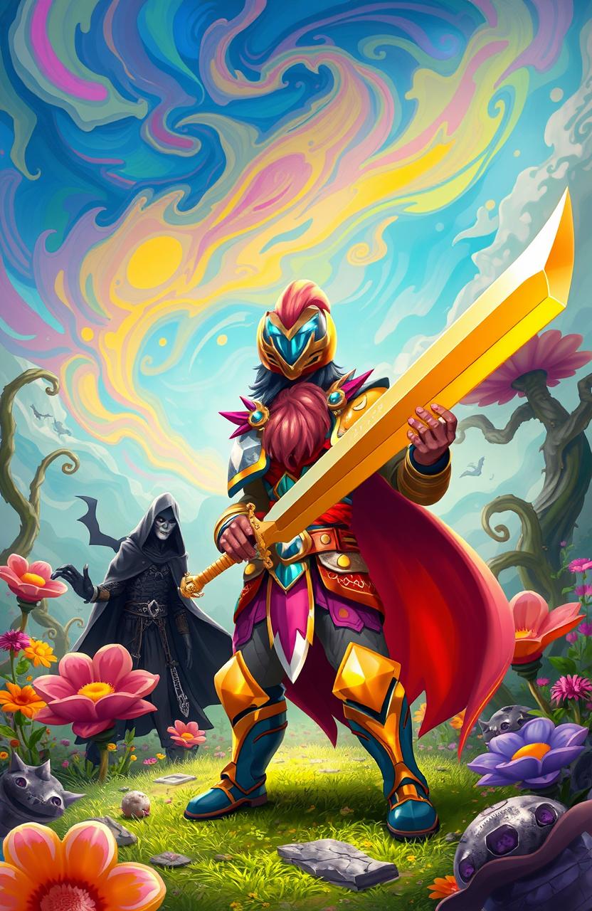 A whimsical scene set in a fantastical wonderland, featuring a heroic character named Gurji wielding a magnificent sword