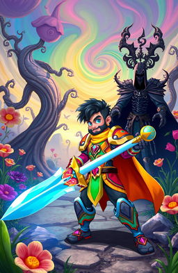 A whimsical scene set in a fantastical wonderland, featuring a heroic character named Gurji wielding a magnificent sword