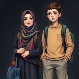 A realistic portrayal of two Muslim teenagers in a dark background
