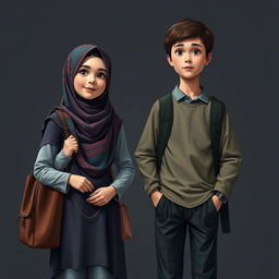 A realistic portrayal of two Muslim teenagers in a dark background