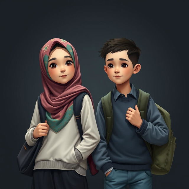 A realistic portrayal of two Muslim teenagers in a dark background