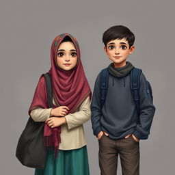 A realistic portrayal of two Muslim teenagers in a dark background