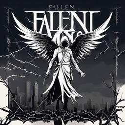 A dark and cinematic album cover for the emo/metalcore band 'Fallen Among Thorns', featuring a silhouette of a fallen angel entangled in thorny vines against a backdrop of a stormy cityscape