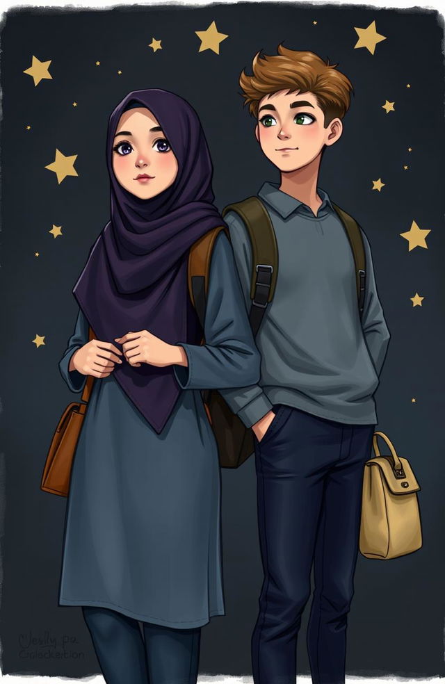 A realistic depiction of two Muslim teenagers, a girl and a boy, standing together against a dark background adorned with stars, symbolizing destiny