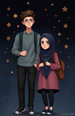 A realistic depiction of two Muslim teenagers, a girl and a boy, standing together against a dark background adorned with stars, symbolizing destiny