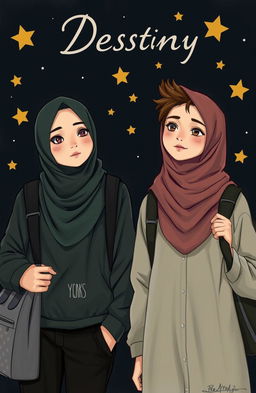 A realistic depiction of two Muslim teenagers, a girl and a boy, standing together against a dark background adorned with stars, symbolizing destiny