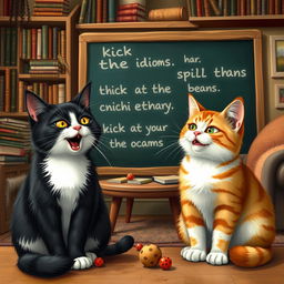 A realistic and funny scene depicting a black and white cat engaging in a lively conversation with a ginger cat, animatedly discussing English idioms