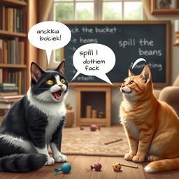 A realistic and funny scene depicting a black and white cat engaging in a lively conversation with a ginger cat, animatedly discussing English idioms
