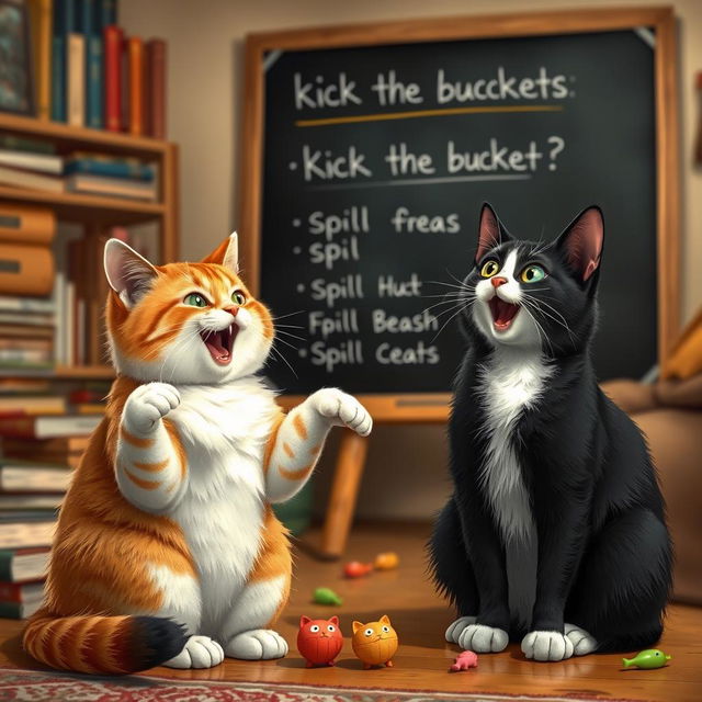 A realistic and funny scene depicting a black and white cat engaging in a lively conversation with a ginger cat, animatedly discussing English idioms