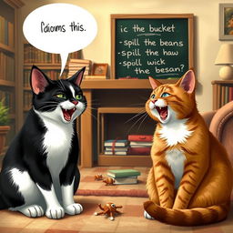 A realistic and funny scene depicting a black and white cat engaging in a lively conversation with a ginger cat, animatedly discussing English idioms