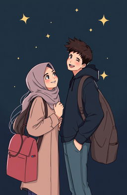 A romantic scene featuring two Muslim teenagers, a girl and a boy, standing closely together against a dark, starry background