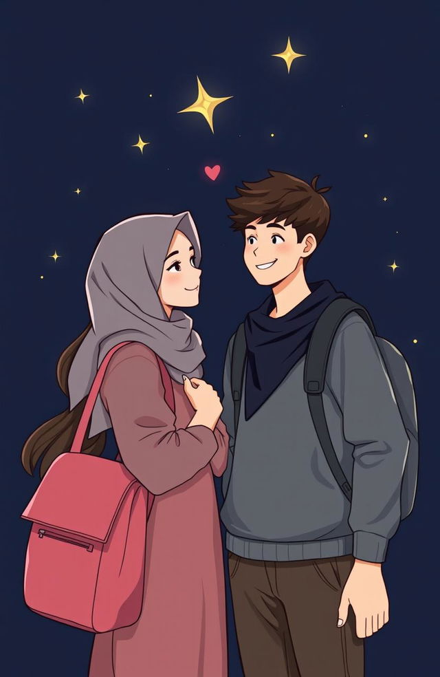 A romantic scene featuring two Muslim teenagers, a girl and a boy, standing closely together against a dark, starry background