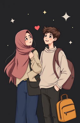 A romantic scene featuring two Muslim teenagers, a girl and a boy, standing closely together against a dark, starry background