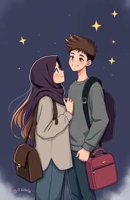 A romantic scene featuring two Muslim teenagers, a girl and a boy, standing closely together against a dark, starry background