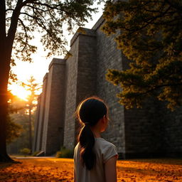 A lifelike photograph of a 17-year-old girl standing in a tranquil, wooded area, gazing up at tall, impressive stone walls that are surrounded by towering trees