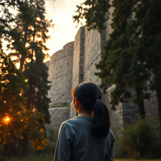 A lifelike photograph of a 17-year-old girl standing in a tranquil, wooded area, gazing up at tall, impressive stone walls that are surrounded by towering trees