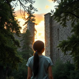 A lifelike photograph of a 17-year-old girl standing in a tranquil, wooded area, gazing up at tall, impressive stone walls that are surrounded by towering trees