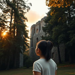 A lifelike photograph of a 17-year-old girl standing in a tranquil, wooded area, gazing up at tall, impressive stone walls that are surrounded by towering trees