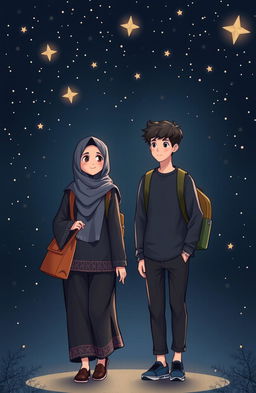 A romantic scene set against a dark background filled with twinkling stars