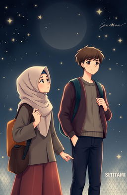 A romantic scene set against a dark background filled with twinkling stars