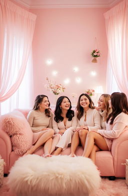 A cozy, feminine scene featuring a group of cheerful friends in a soft pink room, adorned with fluffy pillows and delicate curtains