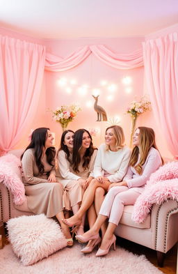 A cozy, feminine scene featuring a group of cheerful friends in a soft pink room, adorned with fluffy pillows and delicate curtains