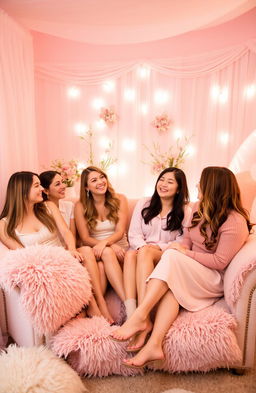 A cozy, feminine scene featuring a group of cheerful friends in a soft pink room, adorned with fluffy pillows and delicate curtains