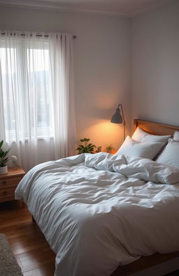 A calming and tranquil bedroom scene to convey deep sleep, featuring a beautifully made king-size bed with fluffy white pillows and a soft, thick duvet