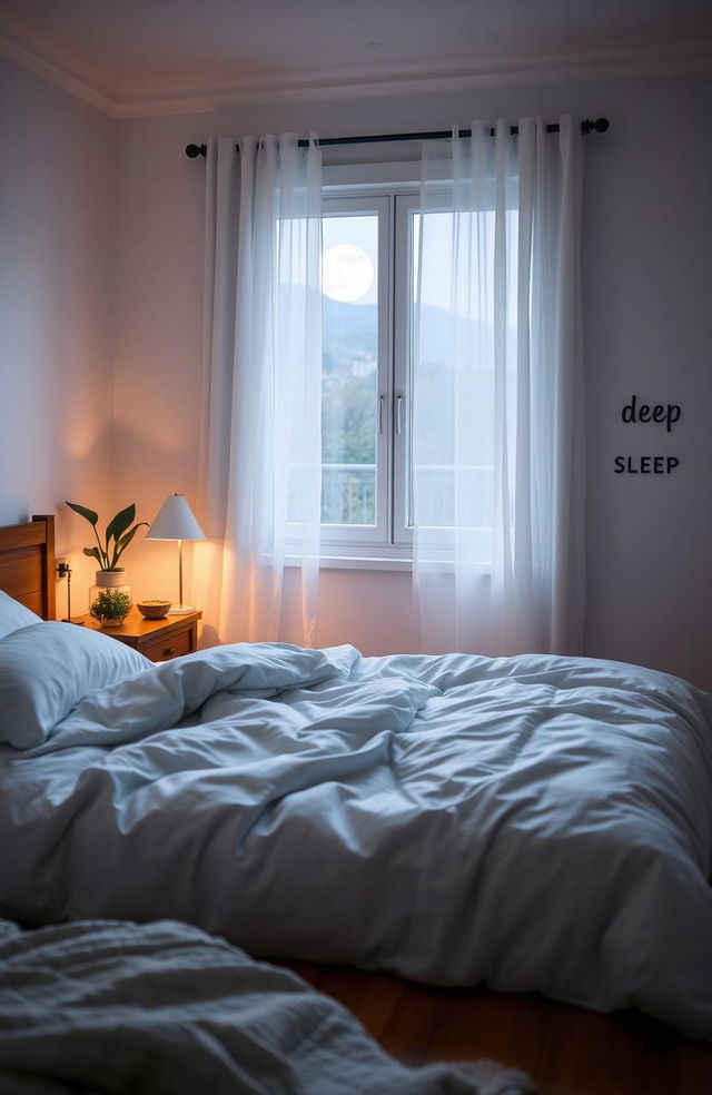 A calming and tranquil bedroom scene to convey deep sleep, featuring a beautifully made king-size bed with fluffy white pillows and a soft, thick duvet