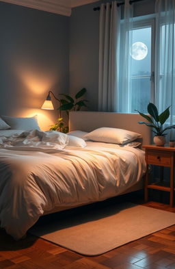 A calming and tranquil bedroom scene to convey deep sleep, featuring a beautifully made king-size bed with fluffy white pillows and a soft, thick duvet