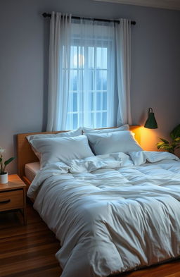 A calming and tranquil bedroom scene to convey deep sleep, featuring a beautifully made king-size bed with fluffy white pillows and a soft, thick duvet