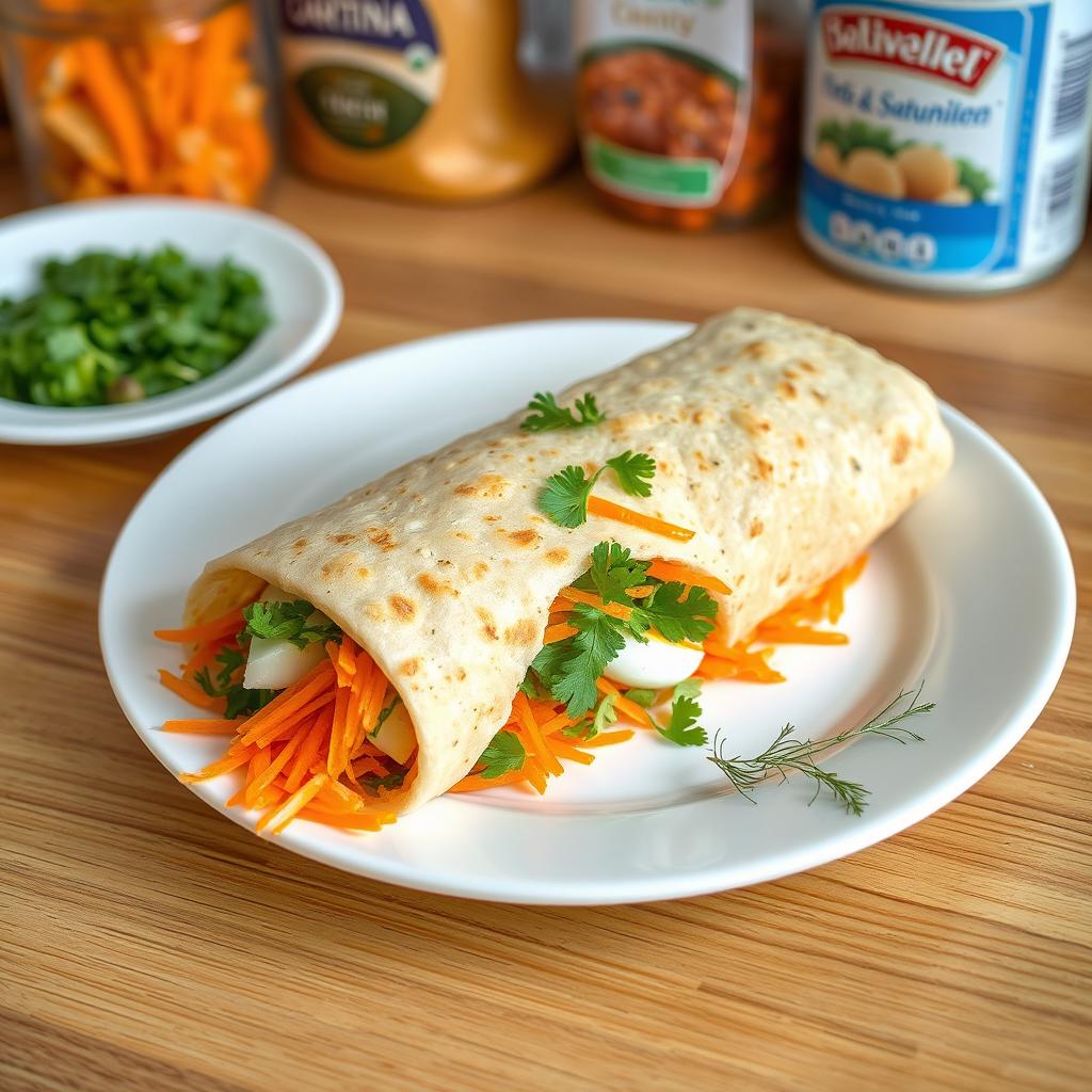 A delicious lavash roll filled with grated carrots, parsley, chopped eggs, and dill, distinctly shaped as a rolled-up log rather than a shawarma