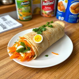 A delicious lavash roll filled with grated carrots, parsley, chopped eggs, and dill, distinctly shaped as a rolled-up log rather than a shawarma