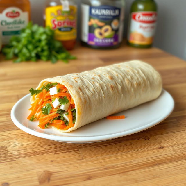 A delicious lavash roll filled with grated carrots, parsley, chopped eggs, and dill, distinctly shaped as a rolled-up log rather than a shawarma