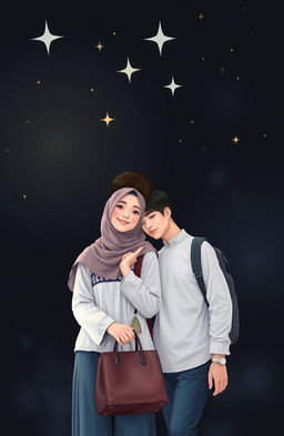 On a dark, starry background, a romantic scene unfolds showcasing two Muslim teenagers, a boy and a girl, standing close together