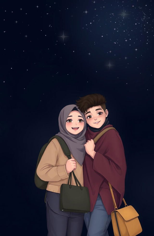 On a dark, starry background, a romantic scene unfolds showcasing two Muslim teenagers, a boy and a girl, standing close together