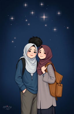 On a dark, starry background, a romantic scene unfolds showcasing two Muslim teenagers, a boy and a girl, standing close together