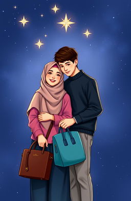 On a dark, starry background, a romantic scene unfolds showcasing two Muslim teenagers, a boy and a girl, standing close together