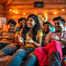 A cute Indian college girl in a lively scene, playfully interacting with multiple male friends on a bed in a cozy lodge