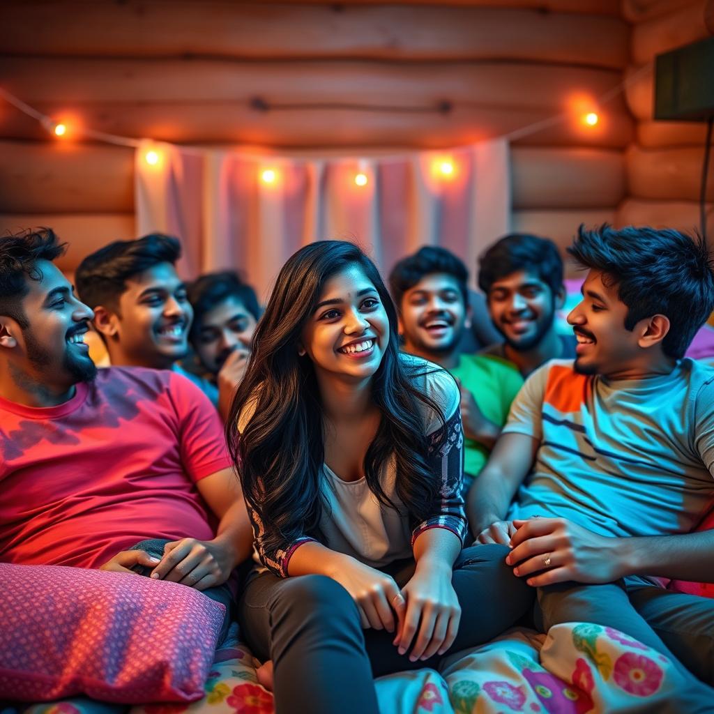 A cute Indian college girl in a lively scene, playfully interacting with multiple male friends on a bed in a cozy lodge