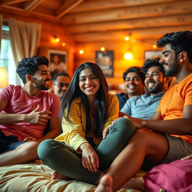 A cute Indian college girl in a lively scene, playfully interacting with multiple male friends on a bed in a cozy lodge