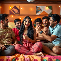 A cute Indian college girl in a lively scene, playfully interacting with multiple male friends on a bed in a cozy lodge